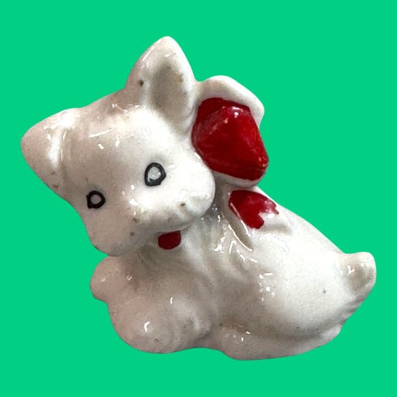Vintage Miniature White Yorkie Terrier Mini Figurine Red Bow Japan Signed 2" - Picture 1 of 8